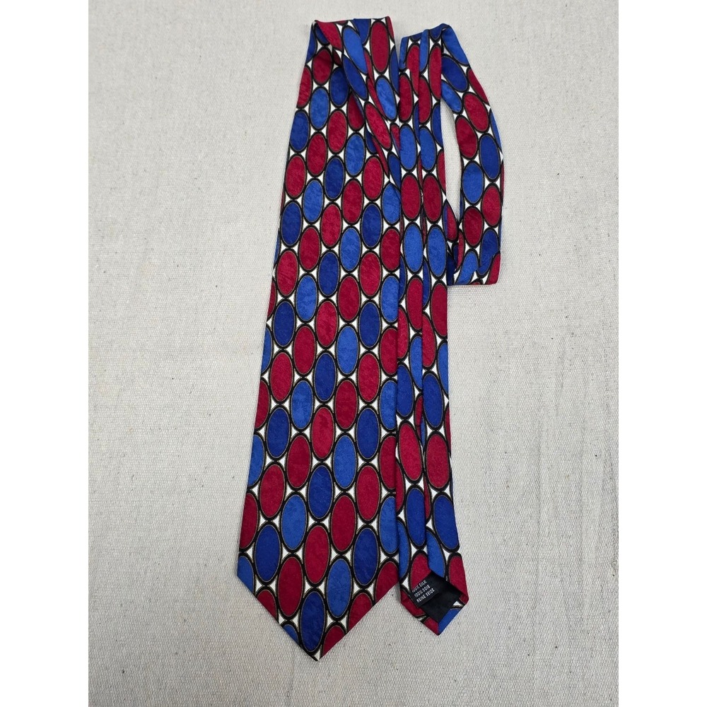Bachrach Mens Silk‎ Necktie Blue Red Geometric Oval Pattern Made in Italy